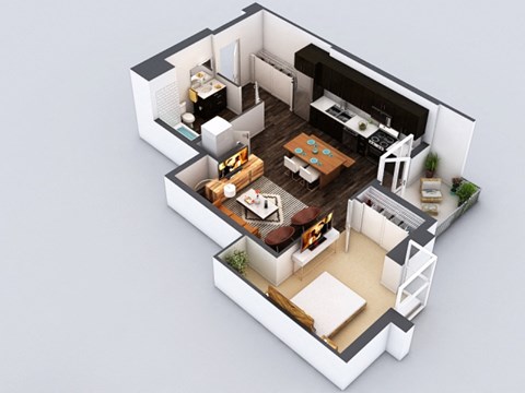 Floor plan for 1 bed, 1 bath, 652 sqft